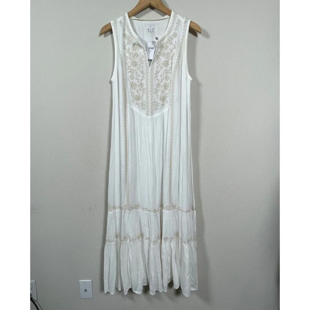 J. Jill Embroidered Maxi Dress Womens M Whitebarly Sleeveless Tiered Boho NWT - Picture 2 of 10